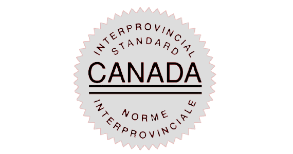 Interprovincial standard Canada seal with circular text in black and red on white background