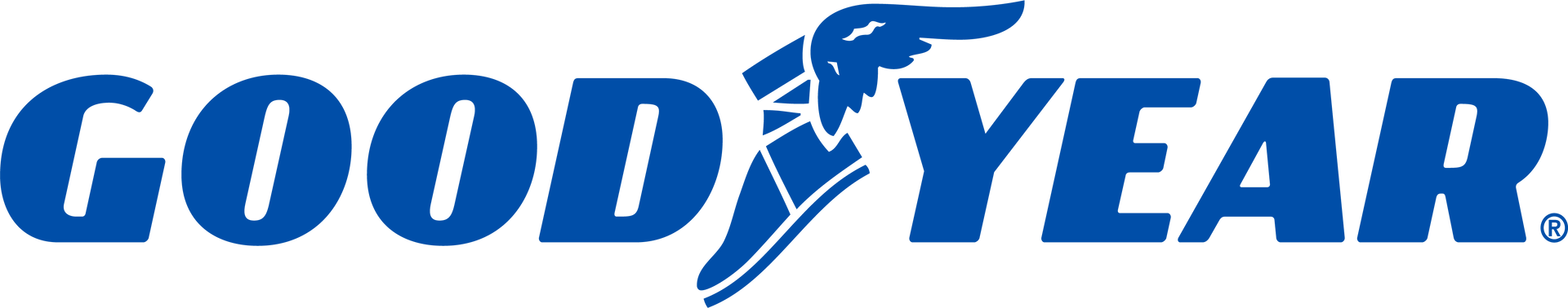 Goodyear logo in blue with a winged foot graphic between the words