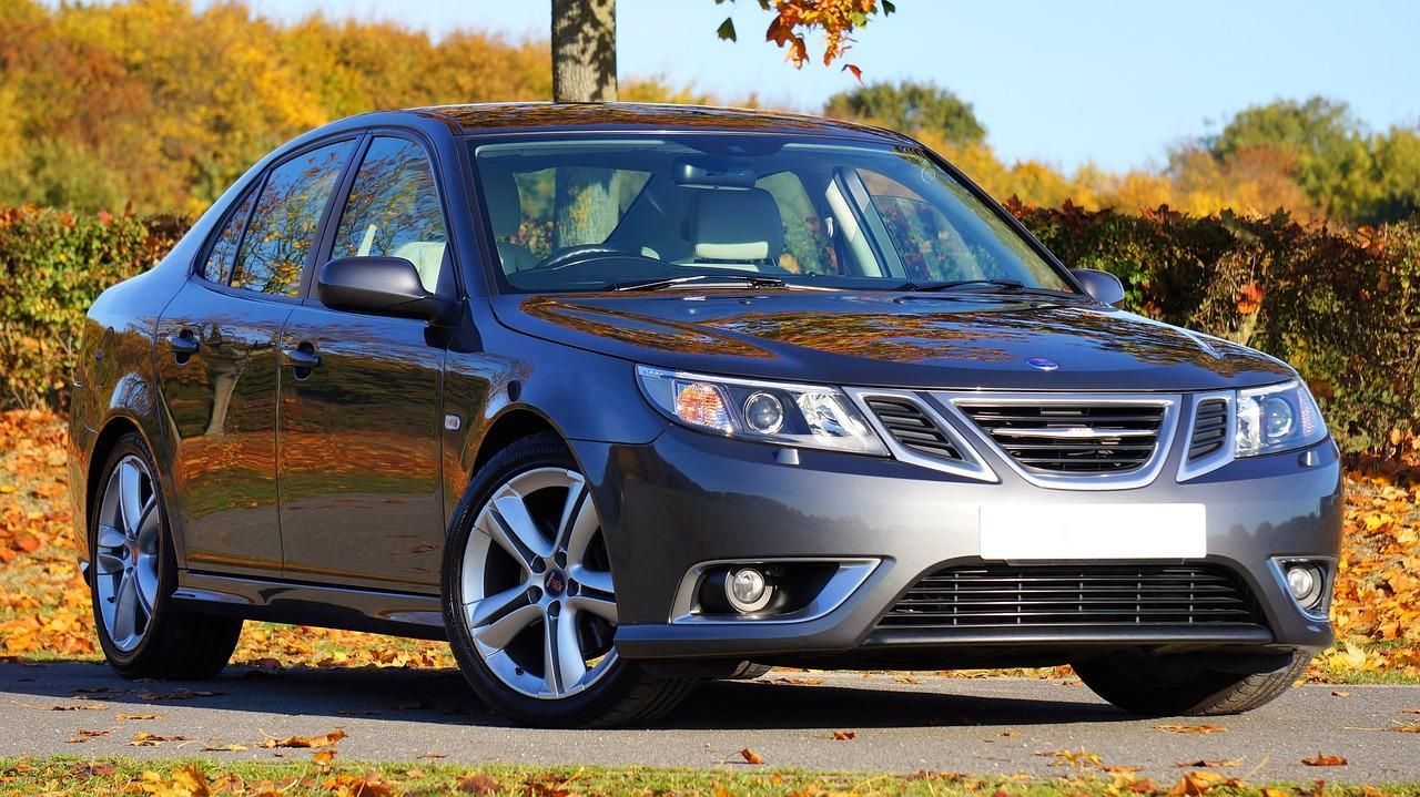 Blue sedan parked on autumn leaves with trees in the background