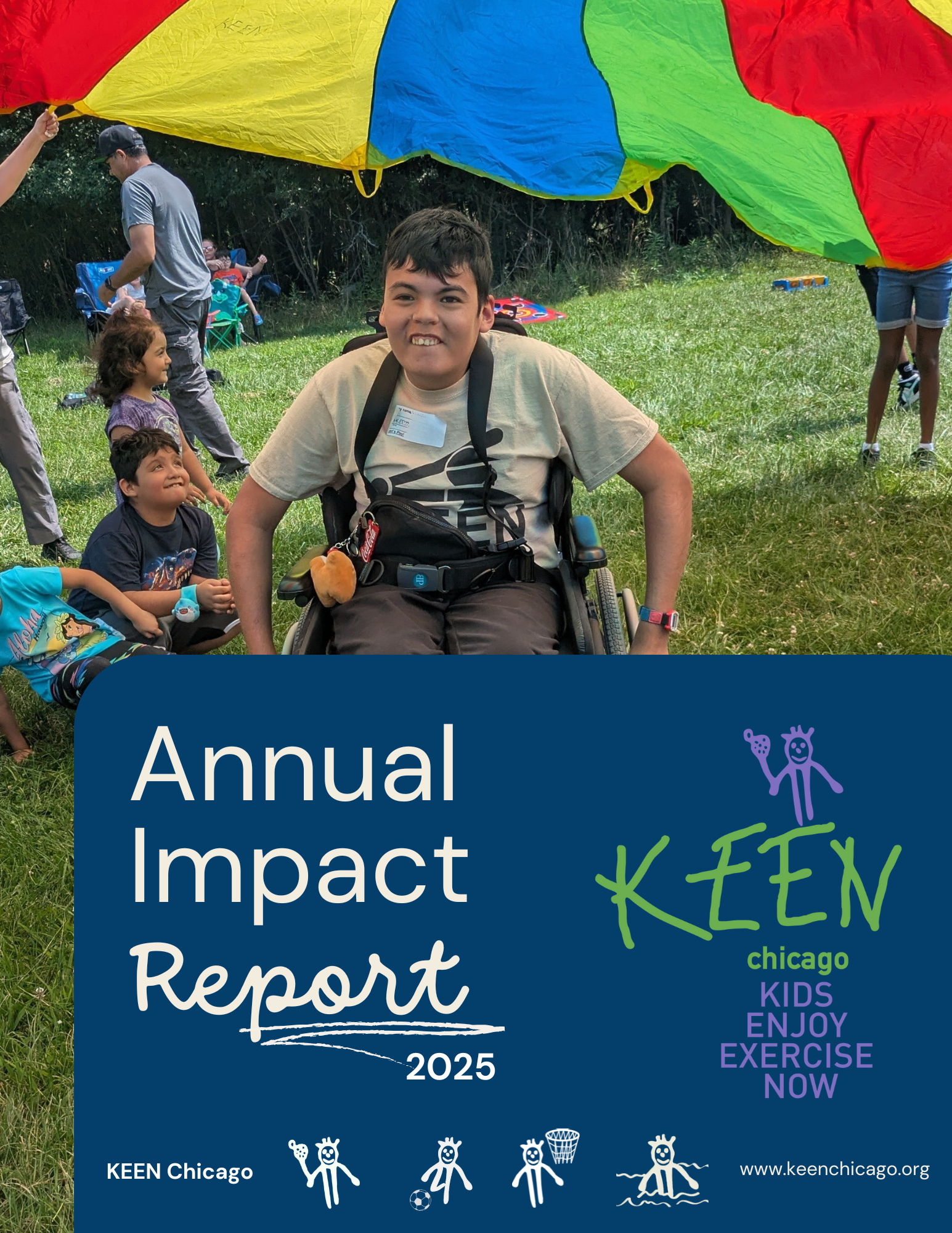 Cover image of Impact Report 2025. A teenaged male in a wheelchair plays under a parachute with a big smile.