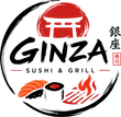 GINZA Sushi & Grill logo with sushi, red torii gate, and Japanese text in black and red