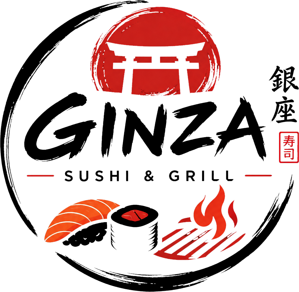 GINZA Sushi & Grill logo with sushi, red torii gate, and Japanese text in black and red