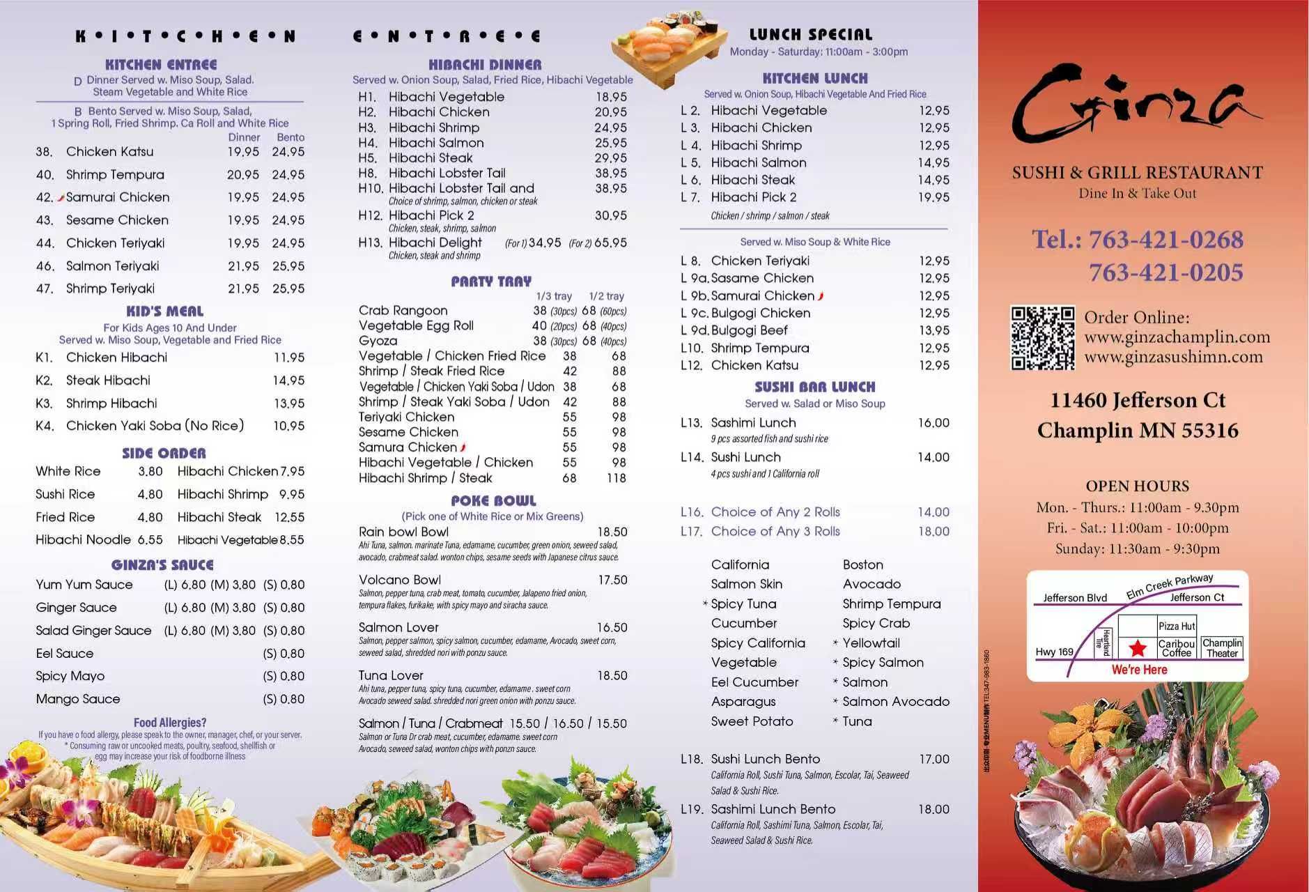 White restaurant menu with multiple columns of black text and a large stylized “Ginza” logo.