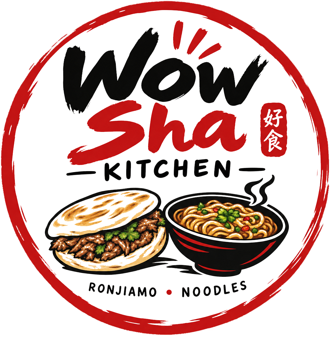 Now Sha Kitchen logo with red circle, black and red text, noodles, and a bowl with a sandwich-like dish
