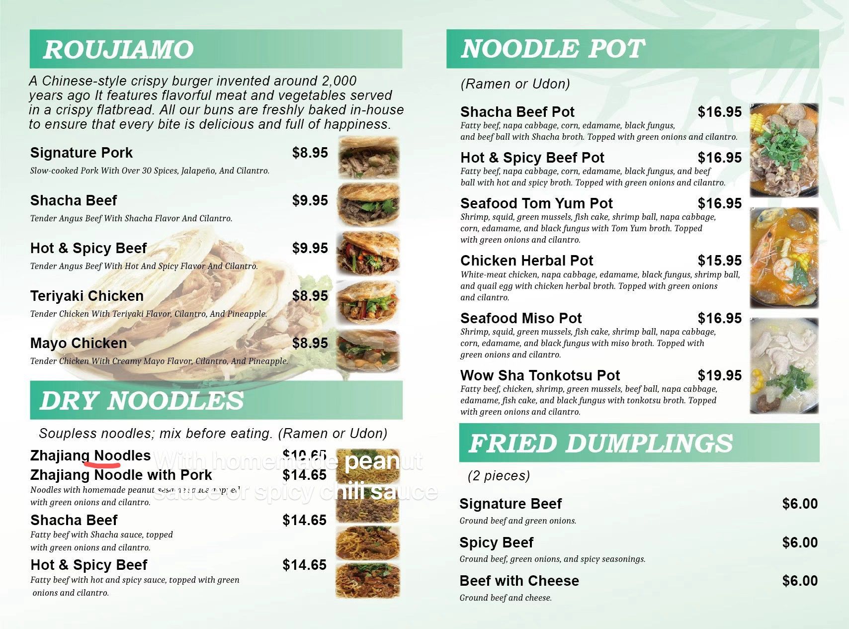 Green-and-white restaurant menu with ramen, noodle pot, dry noodles, and fried dumplings sections
