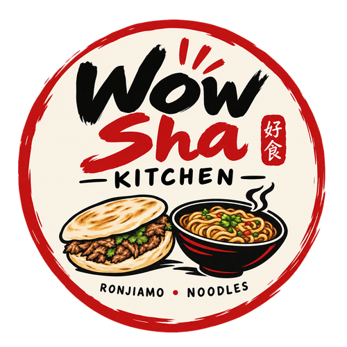 Wow Sha Kitchen logo with red circle, noodles and dumplings, and Chinese characters