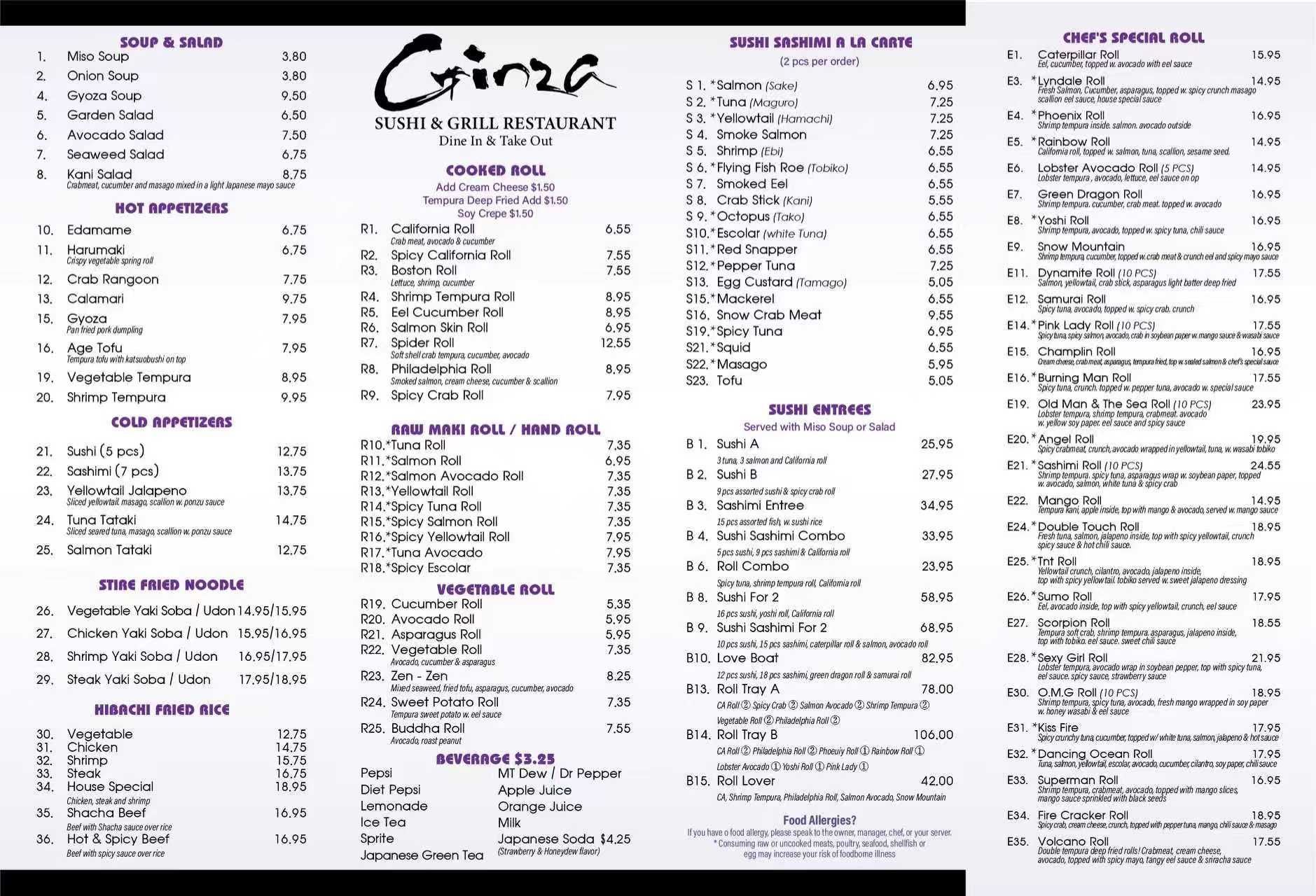 Restaurant menu with multiple food items, prices, photos, and the name “Ginza” on the right side