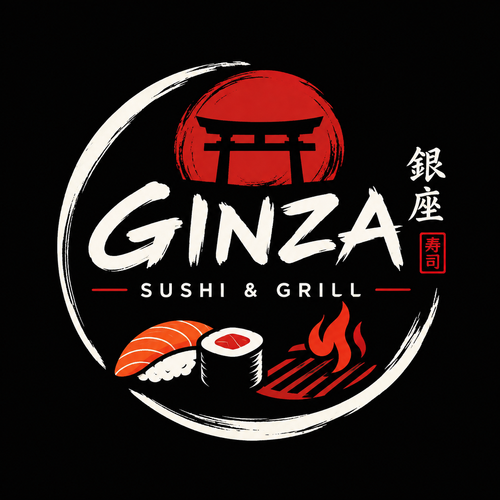 GINZA Sushi & Grill logo with red torii gate, sushi, flames, and Japanese characters on black background