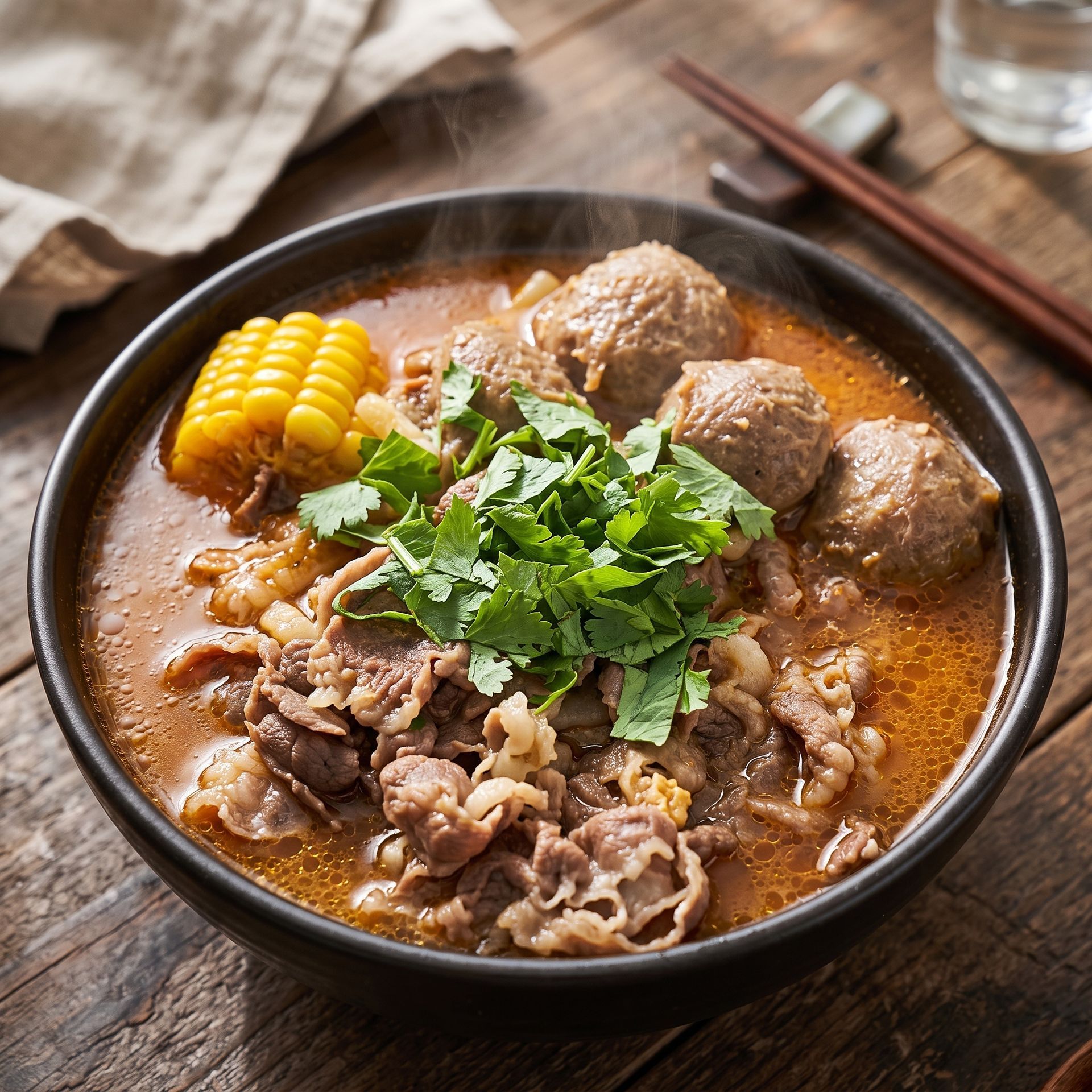 Bowl of steaming meat soup with corn, cilantro, and meatballs on a rustic wooden table
