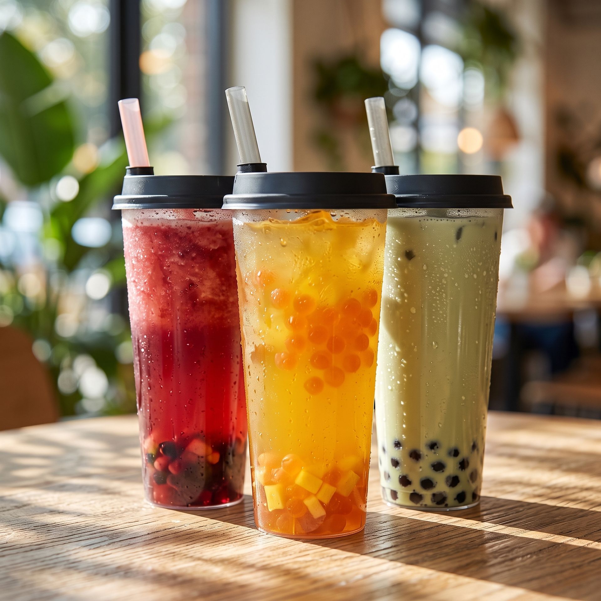 Three colorful bubble tea drinks with black lids and straws on a sunlit wooden table.