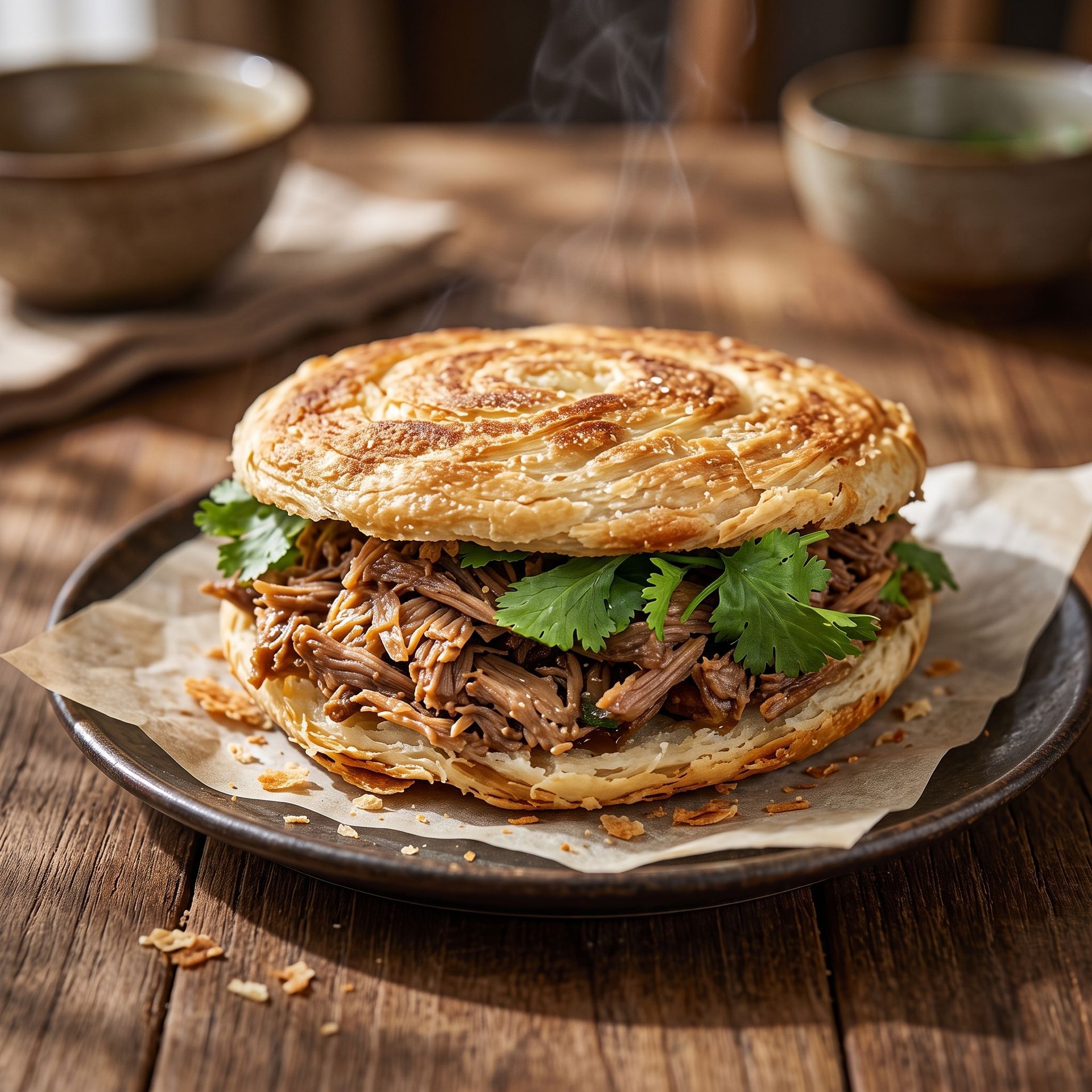 Pulled pork sandwich on a rustic plate with fresh cilantro on a wooden table