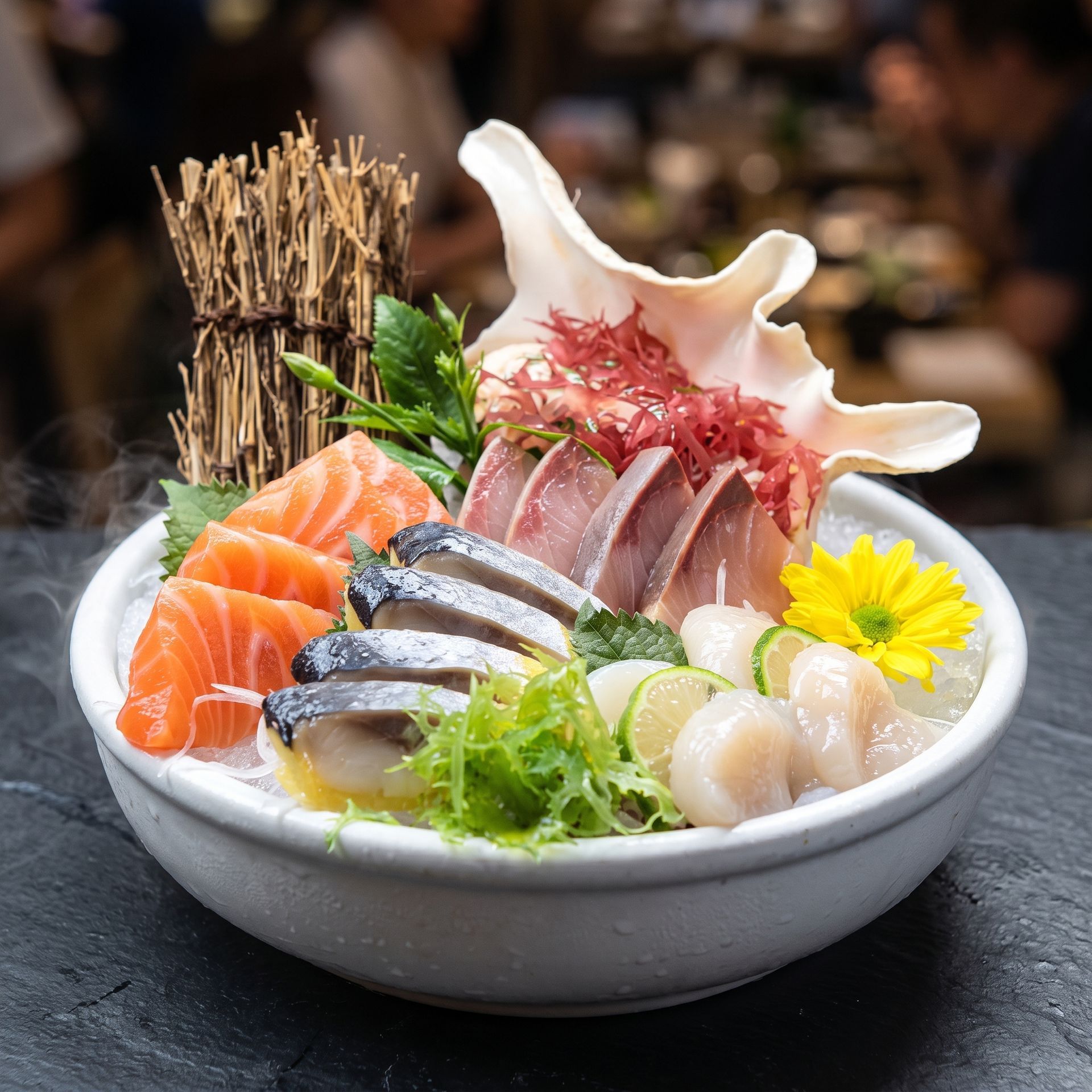 Sushi platter with salmon, tuna, scallops, seaweed, and a decorative conch shell garnish