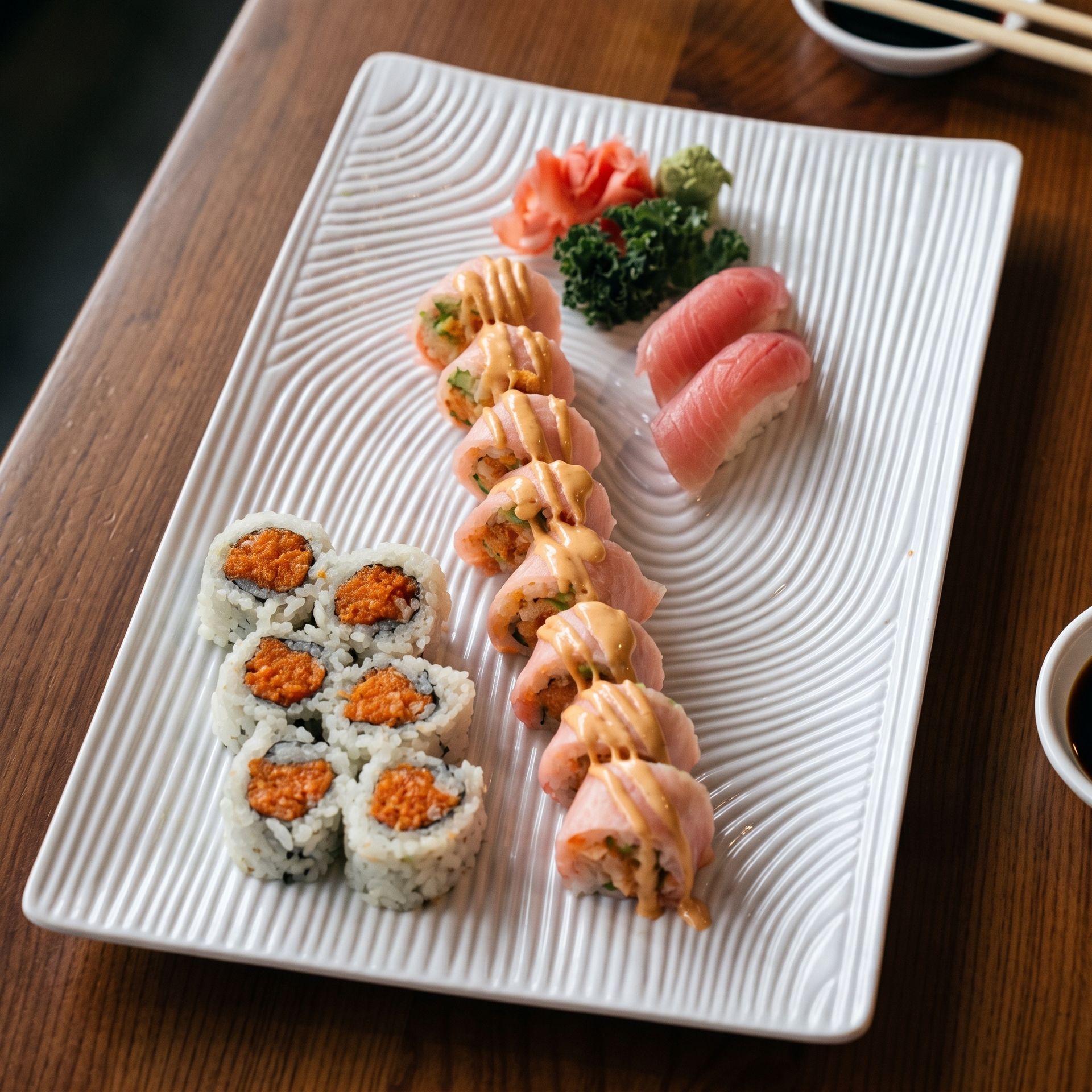 Assorted sushi rolls and nigiri arranged on a white rectangular plate with garnish