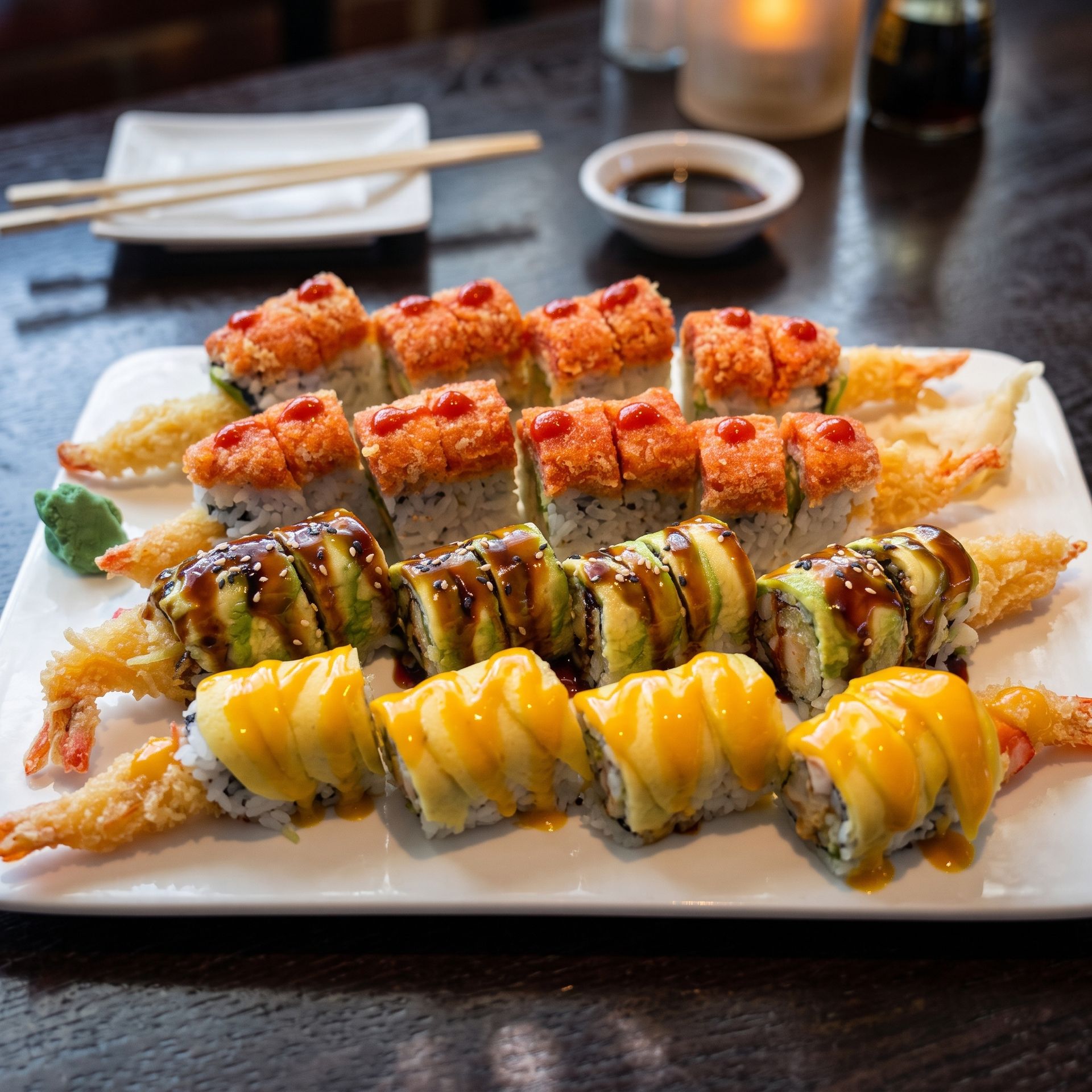 Assorted sushi rolls on a white platter, topped with sauces and garnishes, on a dining table