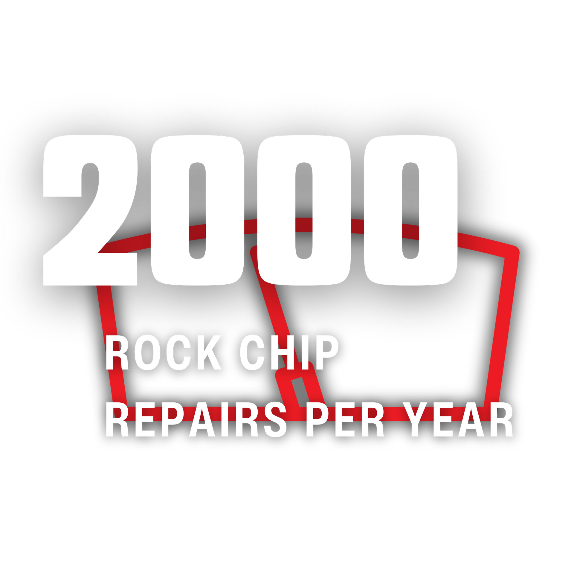 White “2000” over red chip outlines with text “ROCK CHIP REPAIRS PER YEAR” on a light background