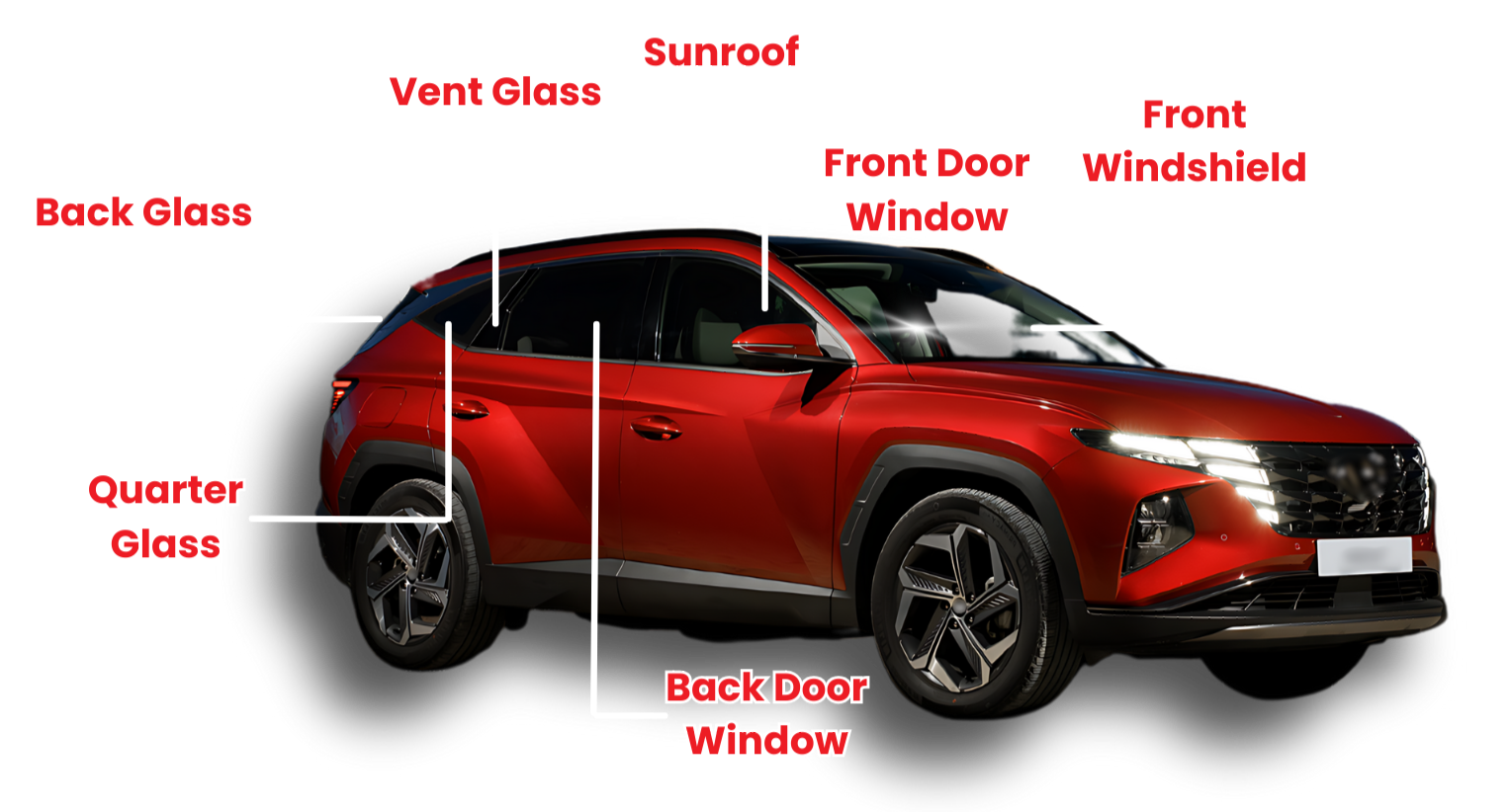 Windshield replacement & auto glass service in Floydada, TX Red SUV diagram labeling windows, windshield, sunroof, and back glass