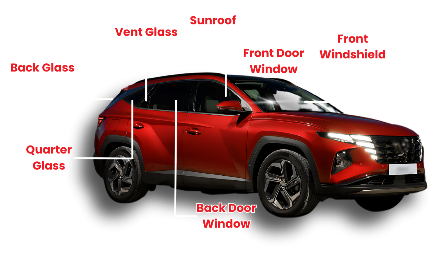 FAQ's on auto glass services in Plainview & Amarillo, TX Red SUV with labeled windows and sunroof showing side and rear glass sections