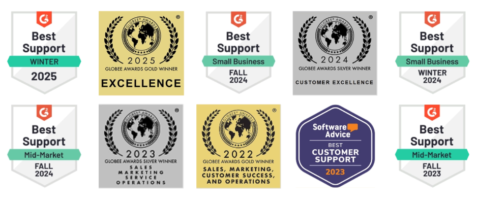 Nine badges with text for best support and excellence awards.