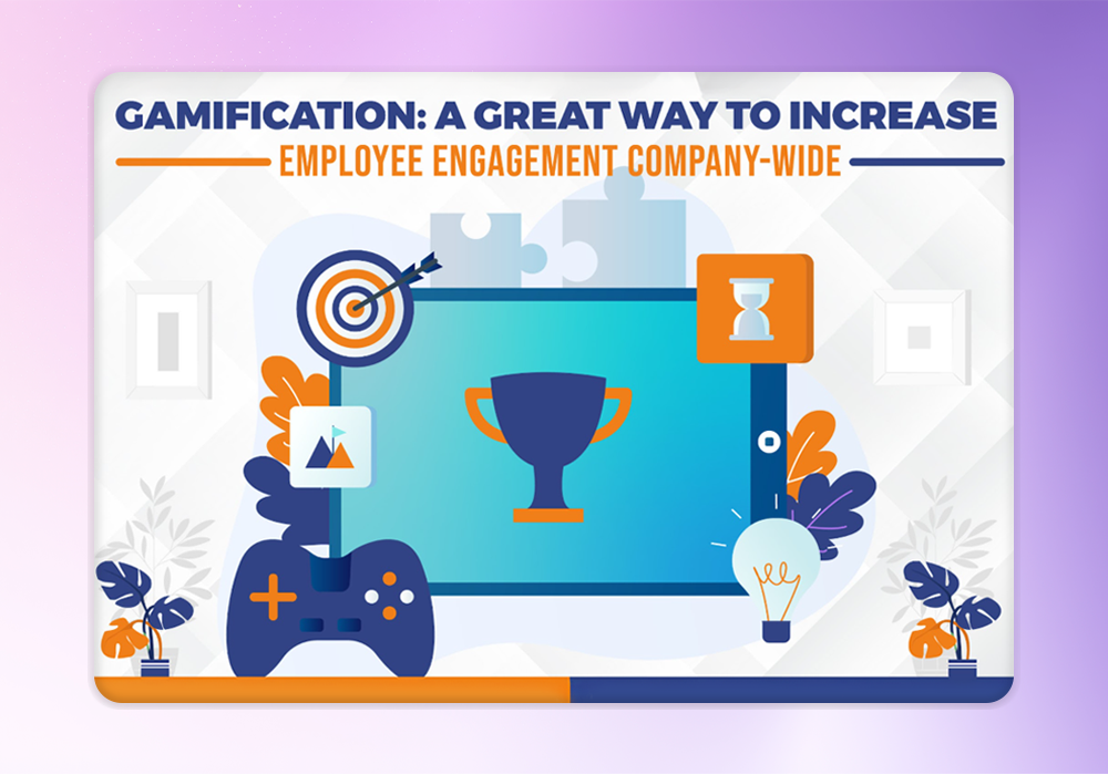 Gamification graphic: tablet screen with trophy, target, controller, lightbulb, promoting employee engagement.