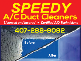 Speedy A/C Duct Cleaners ad with phone number and before/after duct cleaning image