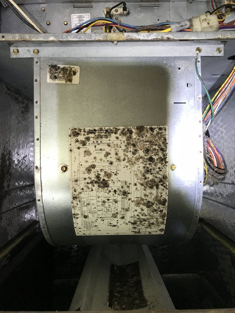 Dirty metal machine interior with a stained panel and cables visible above and to the side