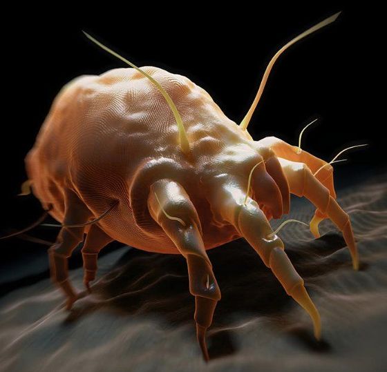 Macro close-up of a pale orange mite with long legs on a dark surface