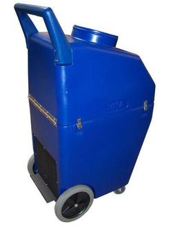 Blue wheeled industrial machine with a handle and top opening