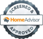 HomeAdvisor screened and approved badge logo with gray seal and orange text