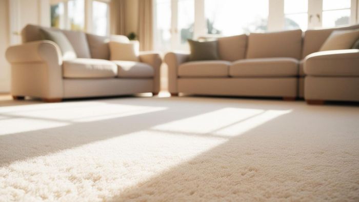 Sunlit living room with beige sofas and a carpeted floor