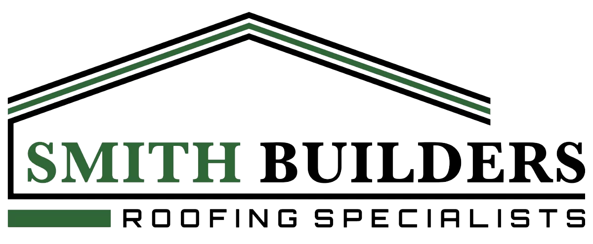 Logo: Smith Builders, roofing specialists. Roof outline over text. Green and black.