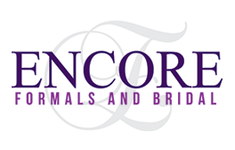Encore Formals and Bridal logo: Purple text over a light gray flourish; 