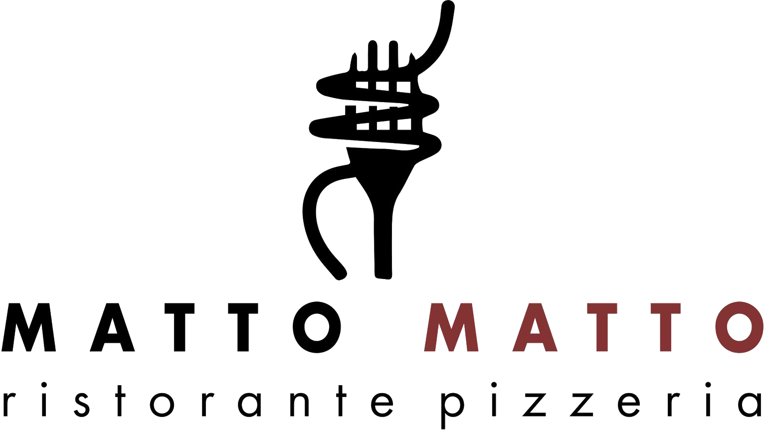 Logo del ristorante pizzeria MATTO MATTO con testo nero e rosso e icona stilizzata di un cappello da chef.