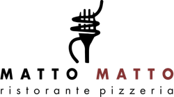 Logo del ristorante pizzeria MATTO MATTO con testo nero e rosso e icona stilizzata di un cappello da chef.