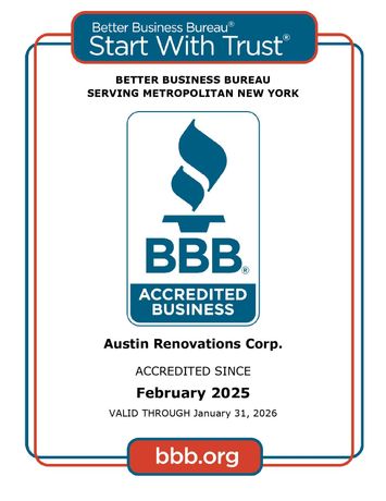 BBB accreditation badge for Austin Renovations Corp., accredited since February 2025.