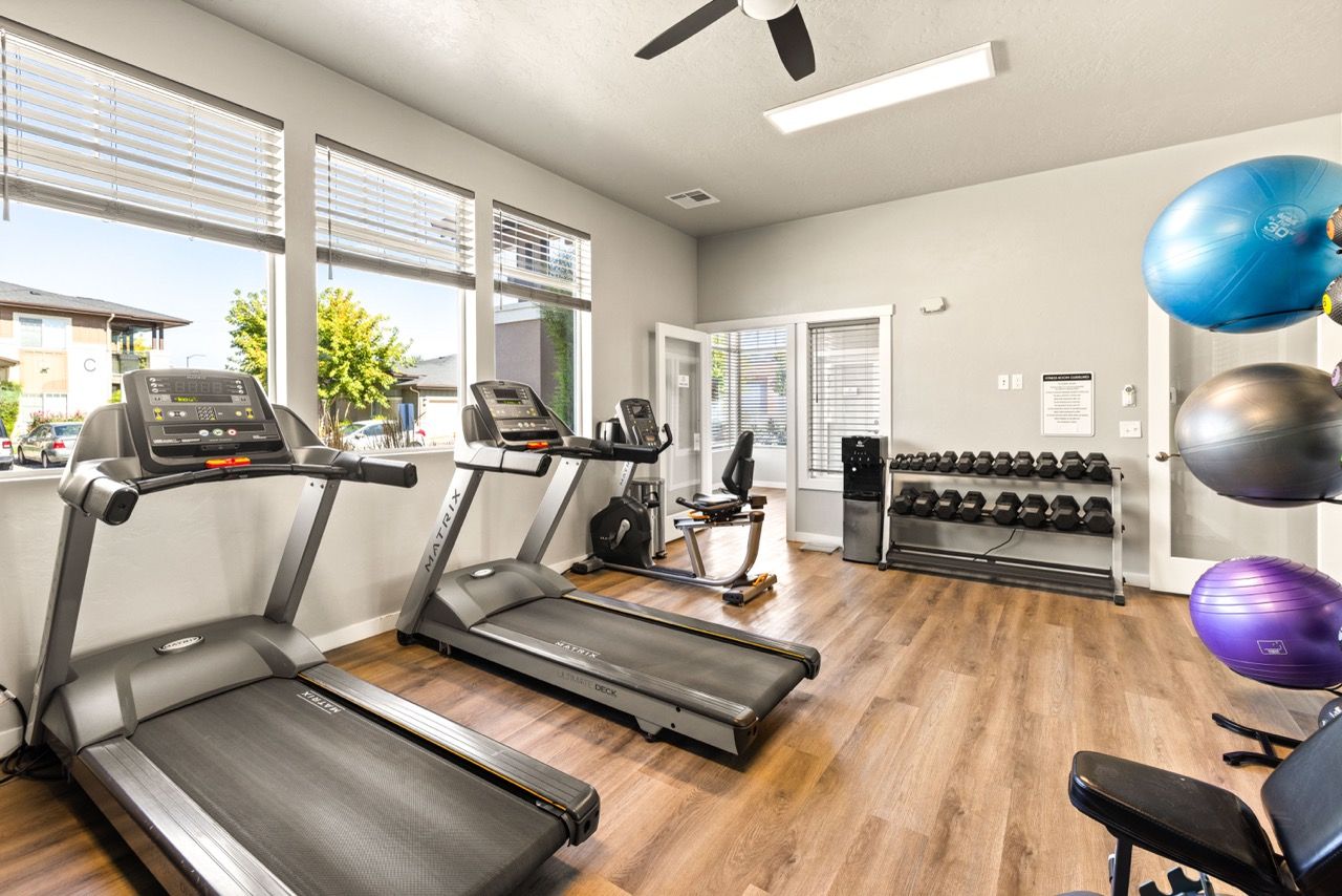 Fitness center with treadmills, free weights, and stability balls.