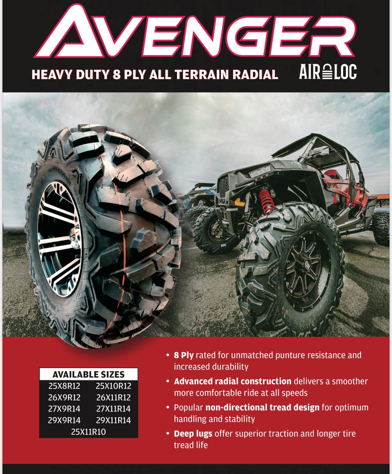 A poster for avenger heavy duty & ply all terrain radial air loc tires.