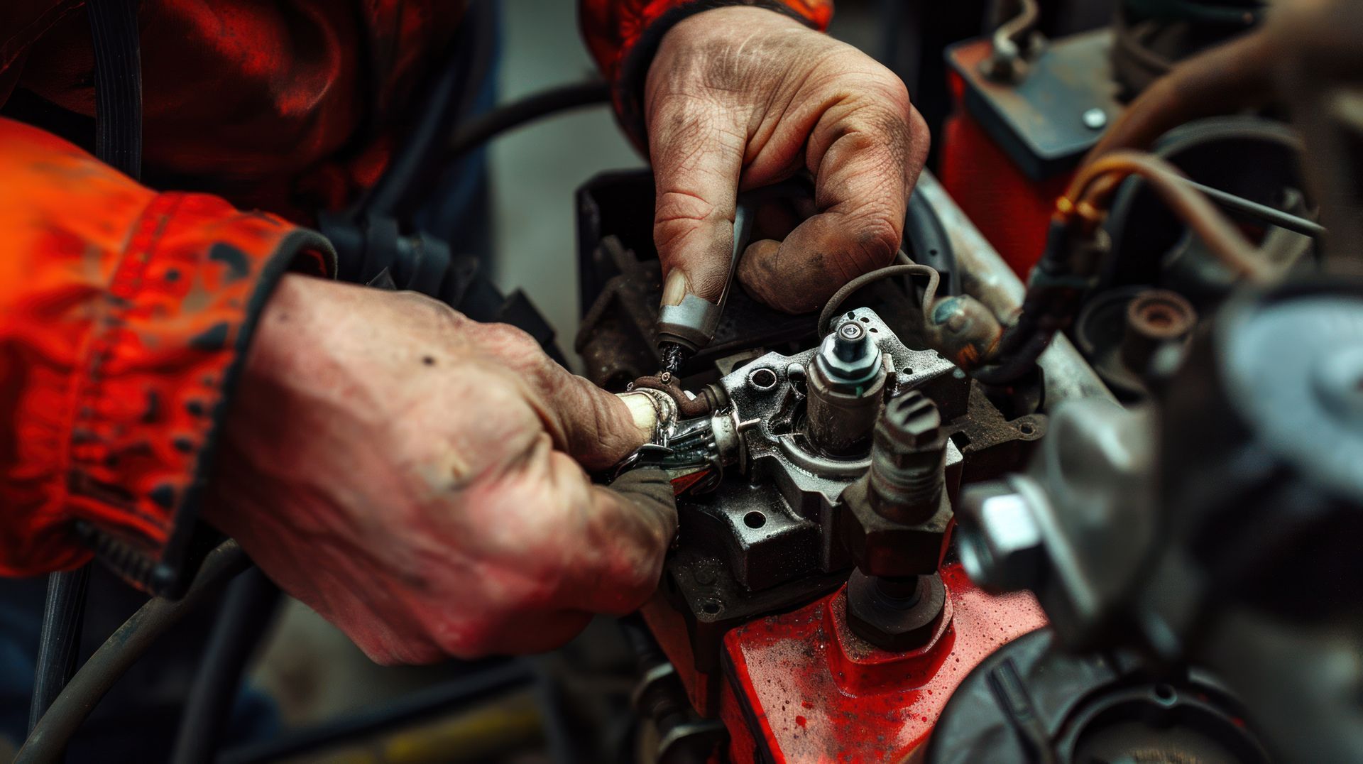 Close-up of a person's grease-stained hands adjusting a component on a red mechanical engine.