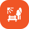 A white icon in an orange circle on a white background.