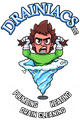 Drainiac’s logo: cartoon plumber emerging from a blue vortex, with “Plumbing Heating Drain Cleaning” text.