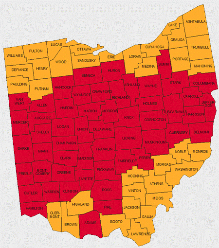 Map of Ohio counties color-coded red in the center and orange around the edges.