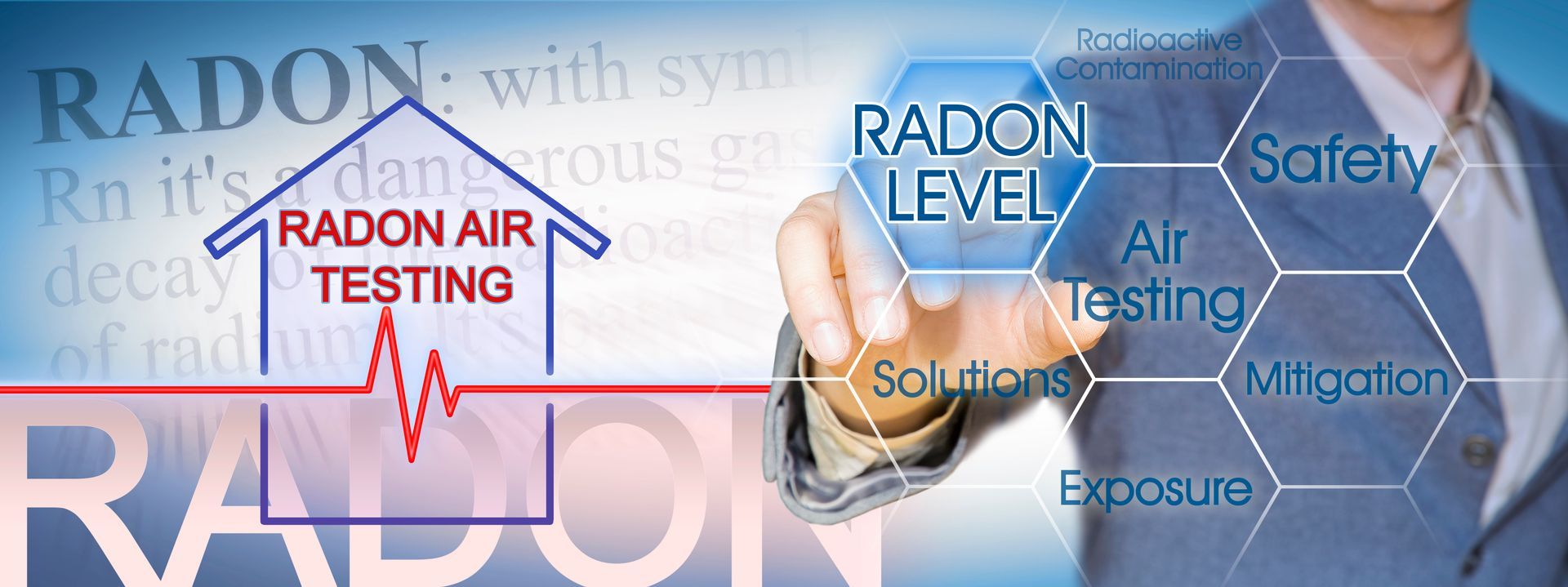 Hand holding a radon test device, with “RADON” and “Radon Air Testing” text and a blue safety map background