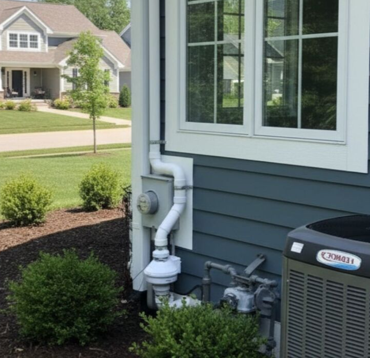 Exterior of a house showing a radon mitigation system pipe, electric meter, and a gas meter beside an AC unit.