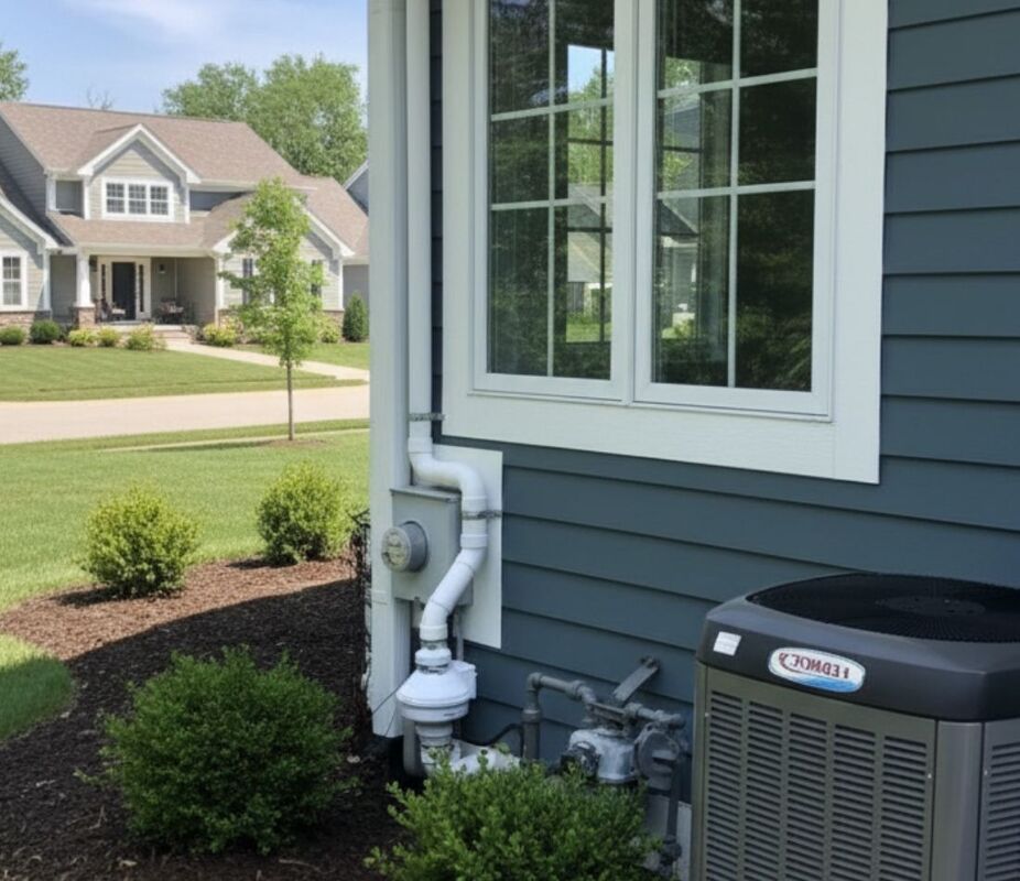 Utility equipment including an electric meter and HVAC unit and a radon mitigation system on the side of a blue-sided house.