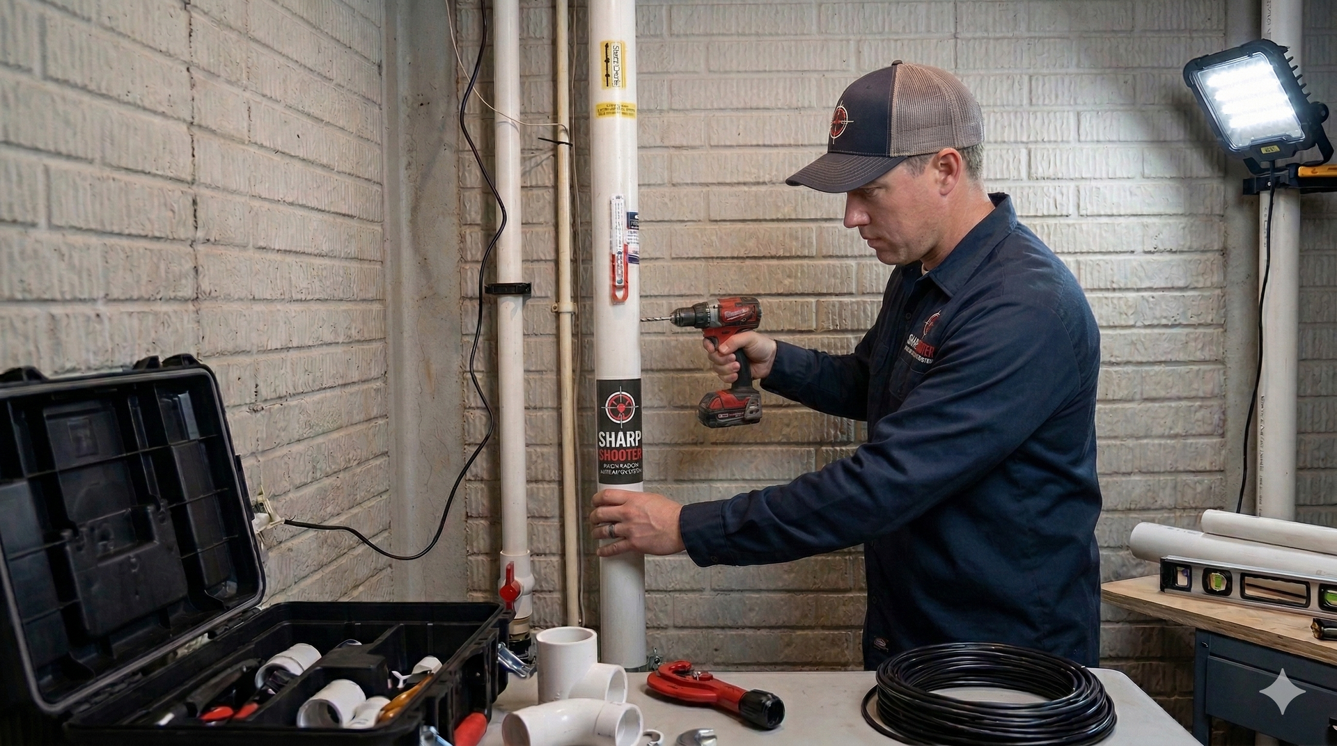 Technician installing a residential radon mitigation system for a home in Aurora, Ohio