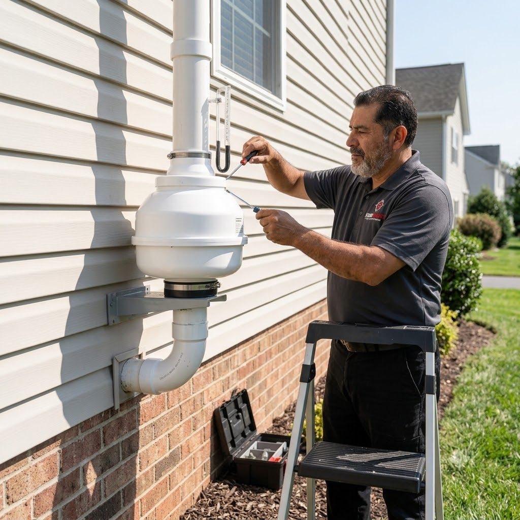Technician installing a residential radon mitigation system for a home in Ravenna, Ohio