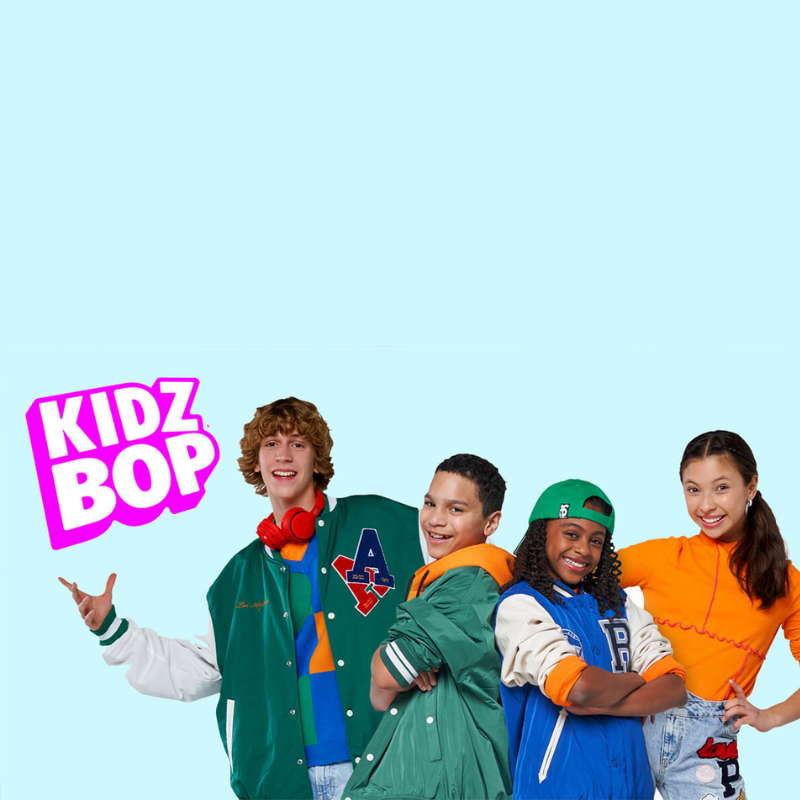 A group of kids posing for a picture with the words kidz bop