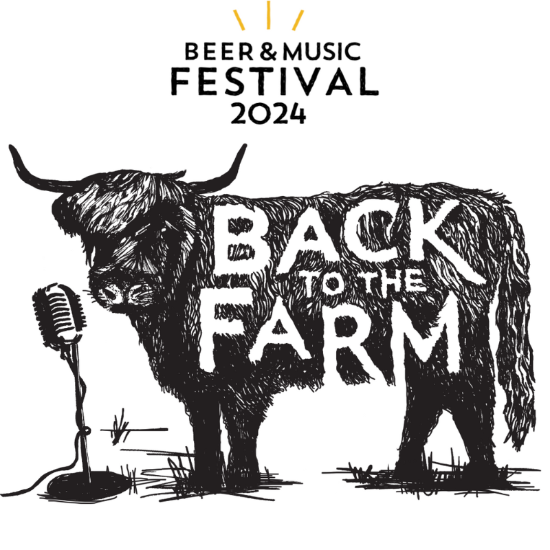 A cow is standing in front of a microphone that says Back to the Farm