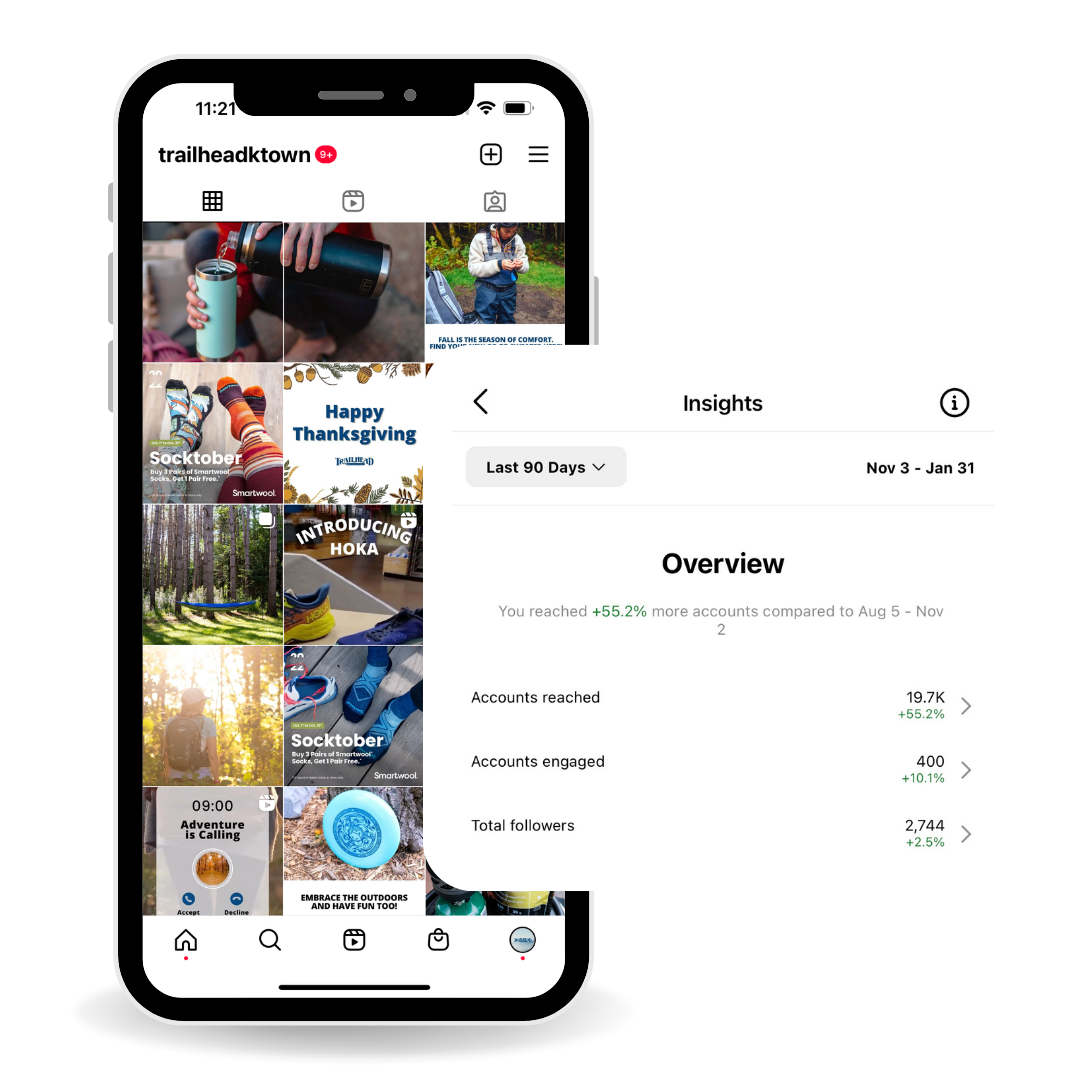A cell phone with an Instagram grid on it and metrics