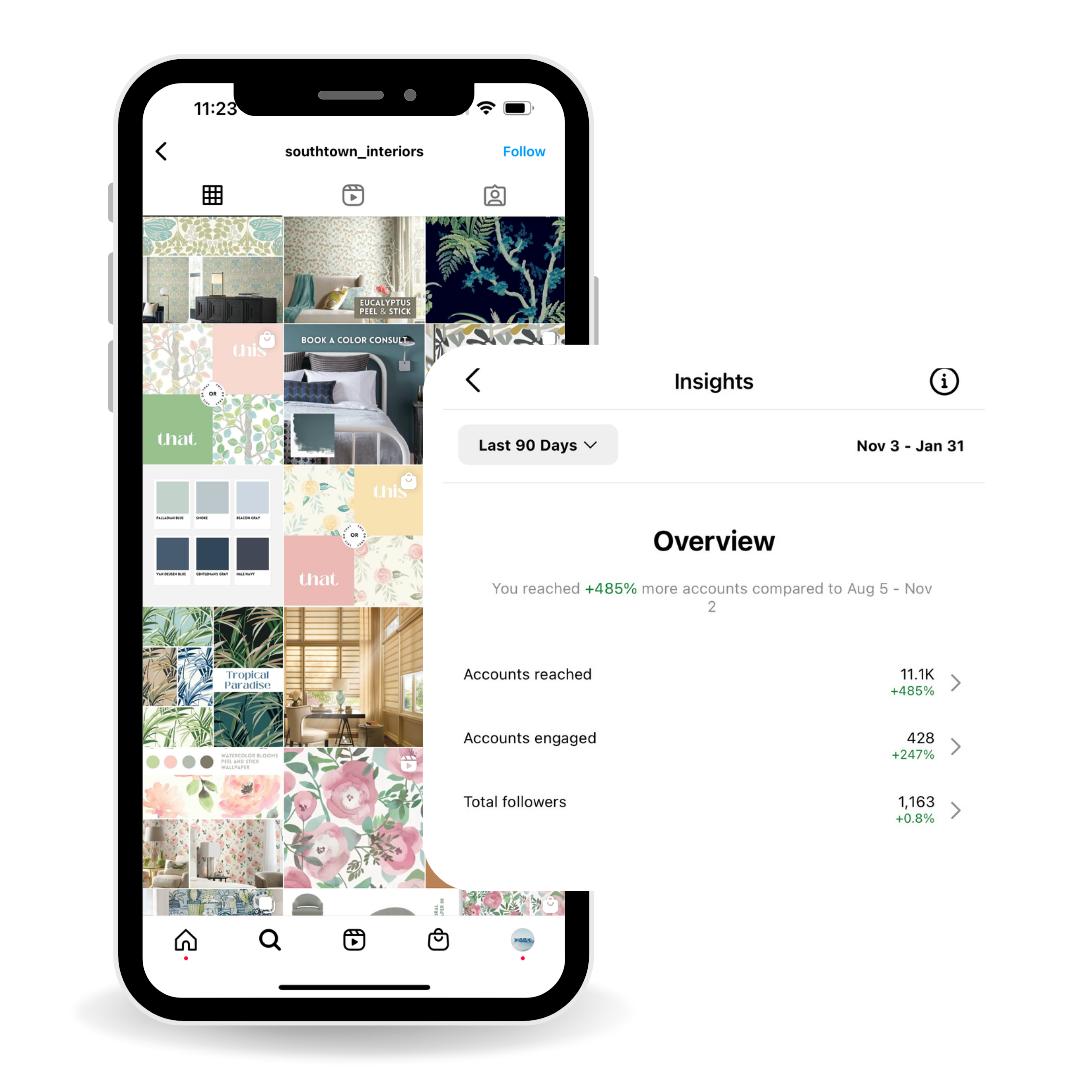 A cell phone with an Instagram grid on it and metrics