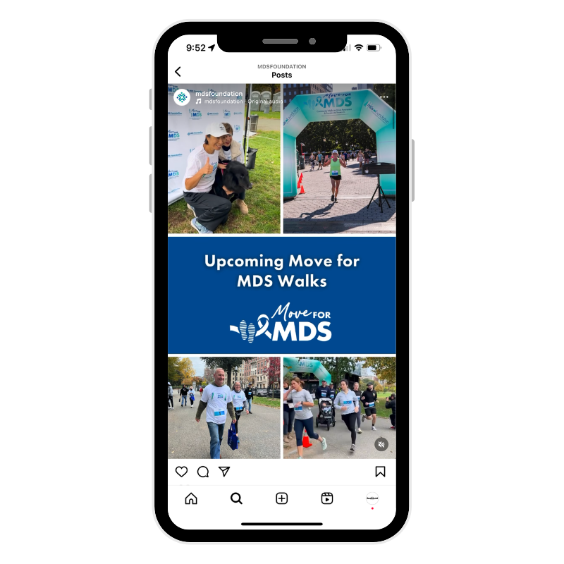 A cell phone with a collage of photos of people walking and running at a Move for MDS walk